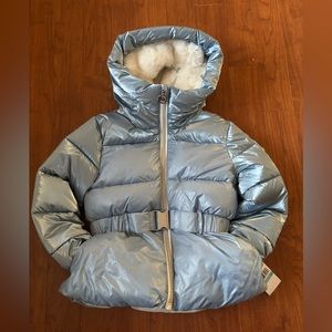 Michael Kors Metallic Sky Blue Girls Winter Coat. Hooded with Belt. Size 6.
